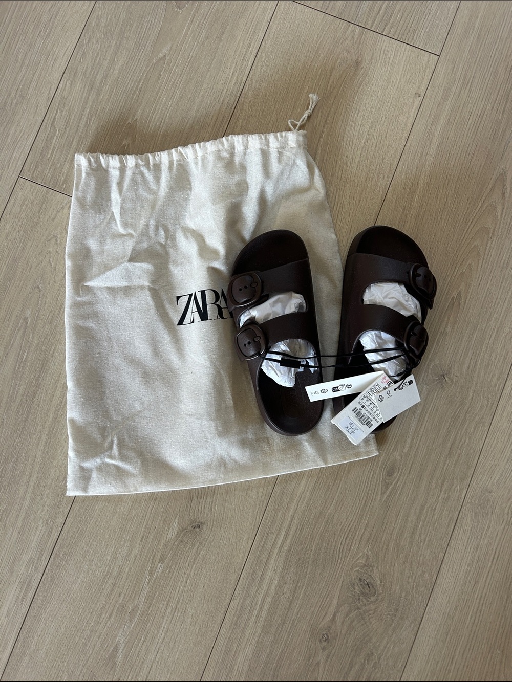Zara Dark Brown Double-Buckle Slide Sandals NWT